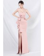Strapless Bowknot Waist Ruffle Slit Gown in Pink