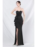 Strapless Bowknot Waist Ruffle Slit Gown in Black