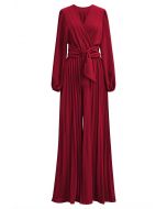 Sash Adorned Wide Leg Pleated Jumpsuit in Red
