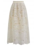 Exquisite Rose Cutwork Lace Maxi Skirt in Cream