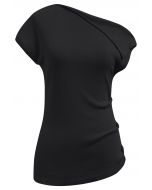 Asymmetric Folded Collar Knit Top in Black