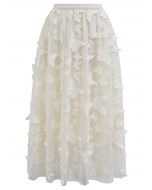 Loveliness 3D Butterfly Embroidered Mesh Tulle Midi Skirt in Cream