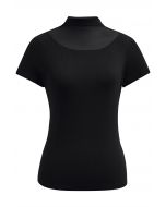 Mesh Spliced Neckline Stretchy Top in Black