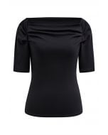 Off-Shoulder Ruched Short Sleeve Top in Black