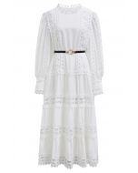 Belted Cutwork Lace Trim Bubble Sleeve Midi Dress in White