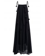 3D Floral Tie-Shoulder Chiffon Pleated Dress in Black