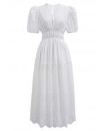 Embroidery Spliced V-Neck Puff Short Sleeves Dress in White