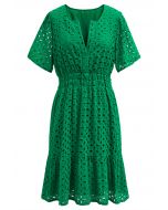 Eyelet Embroidery V-Neck Cotton Dress in Green