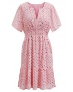 Eyelet Embroidery V-Neck Cotton Dress in Pink