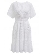 Eyelet Embroidery V-Neck Cotton Dress in White