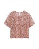 Dazzling Sequin Fishnet Short Sleeve Top in Pink