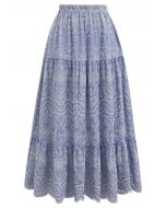 Chic Blue Embroidered Floral Midi Skirt
