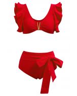 V-Shape Metal Trim Ruffle Bikini Set in Red