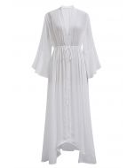 V-Neck Flounce Sleeves Button-Up Cover-Up in White