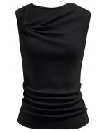Side Knot Ruched Sleeveless Knit Top in Black