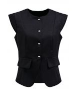 Fake Flap Pocket Button Down Tweed Vest in Black