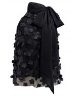 Floral Applique Bowknot Mesh Halter Top in Black
