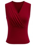 Faux-Wrap Sleeveless Cotton Top in Red