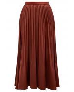 Smooth Satin Pleated Midi Skirt in Rust Red