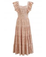 Sweetheart Neckline Eyelet Embroidery Maxi Dress in Apricot