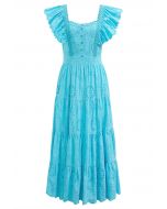 Sweetheart Neckline Eyelet Embroidery Maxi Dress in Turquoise