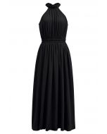 Self-Tie Back Bow Halter Maxi Dress in Black