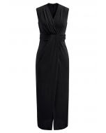 Cinched Waist Faux-Wrap Sheath Dress in Black