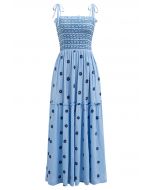 Floret Embroidery Tie-Shoulder Shirred Dress in Blue