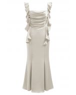 Cascading Ruffle Trim Ruched Satin Dress in Ivory