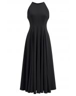 Refined Halter Neck Panelled Midi Dress in Black