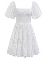 Floral Eyelet Bubble Sleeve Mini Dress in White