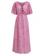 Subtle Floral Texture Drawstring V-Neck Midi Dress in Pink