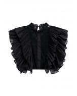 Tiered Ruffle Sleeveless Lace Crop Top in Black