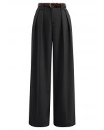 Faux Leather Belt Straight-Leg Pants in Black