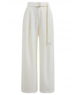 Belted Side Pocket Pleated Pants in Ivory