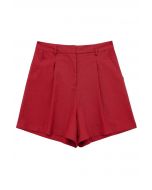 Side Pocket Pleated Linen-Blend Shorts in Red