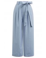 Bow Tie Sash Pleated Wide-Leg Pants in Blue