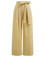 Bow Tie Sash Pleated Wide-Leg Pants in Mustard