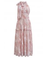 Floret Embroidery Bowknot Halter Neck Ruffle Midi Dress in Pink