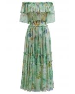 Summer Days Floral Off-Shoulder Ruffle Tiers Chiffon Dress in Green