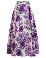 Purple Blooms Jacquard Pleated A-Line Skirt