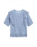 Crew Neck Guipure Lace Top in Blue