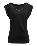 Decorative Necklace Side Pleat Cotton Top in Black