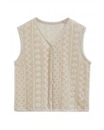 V-Neck Openwork Cotton Vest in Camel