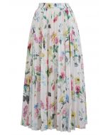 Vivid Floral Print Pleated Maxi Skirt in White