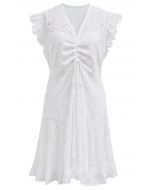 Drawstring Front Eyelet Embroidered Mini Dress in White