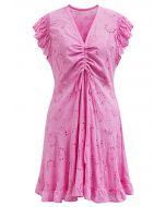 Drawstring Front Eyelet Embroidered Mini Dress in Pink