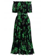 Lily Printed Off-Shoulder Chiffon Midi Dress in Green