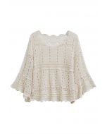 Hollow Out Full Crochet Flare Sleeve Cotton Top