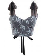 Blue Floral Embroidered Tie-Strap Bustier Top in Smoke